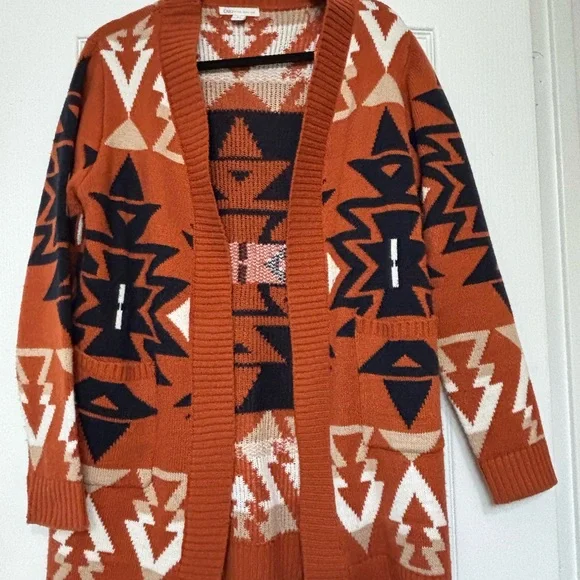 Cato Orange and Navy Geometric Cardigan - Picture 2 of 8